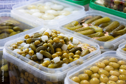pickled vegetable products preserved in brine for sale in a traditional market