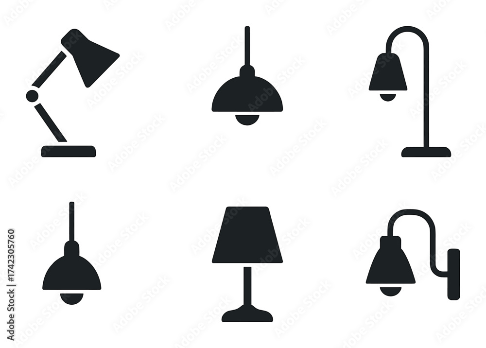 Obraz premium Silhouette icons of various lamp and light designs on dark background