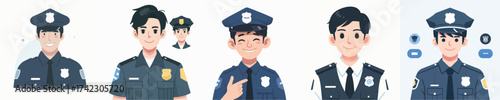 Approachable cartoon police officer avatars. Diverse illustrations of law enforcement professionals embodying protection, security, and community service in a modern, friendly design