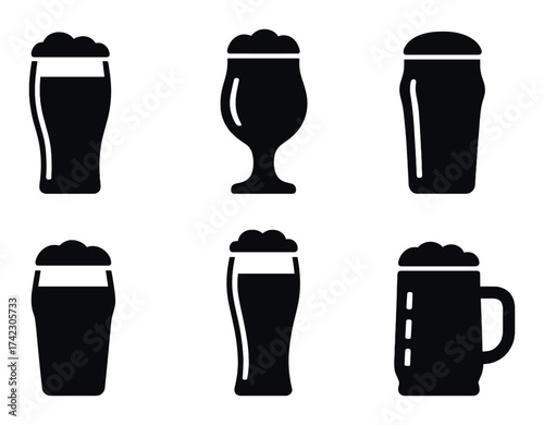 Variety of silhouetted beer glass icons on dark background
