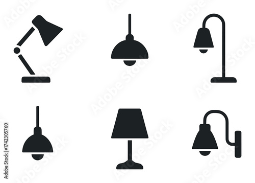 Silhouette icons of various lamp and light designs on dark background