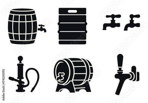 Set of beer barrel and tap silhouettes on dark background