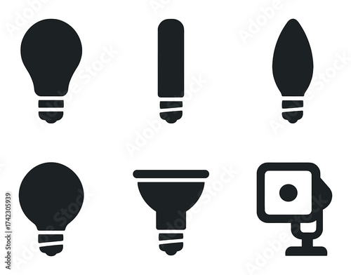 Silhouette set of various light bulb shapes and security camera icon