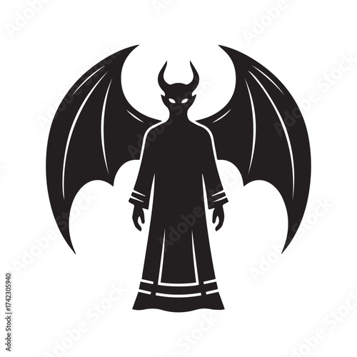 Black Devil Demon with Horns and Wings Silhouette Icon Vector
