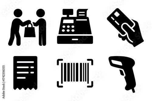 Shopping icons including bag, cash register, credit card, receipt, barcode, and scanner