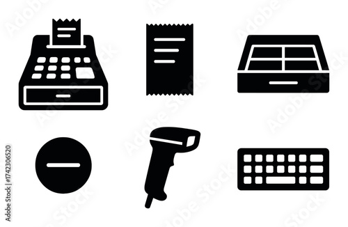 Black icons of pos system elements including cash register and barcode scanner