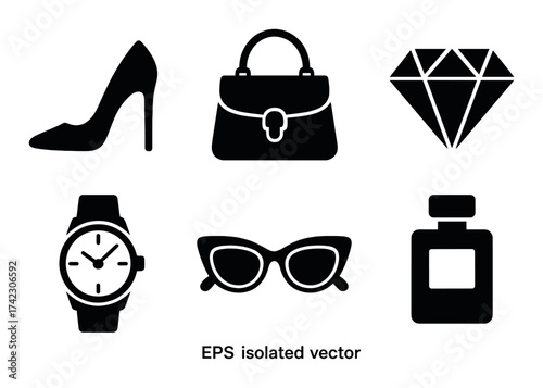 Fashion accessories silhouettes: shoes, bags, jewelry, watches, sunglasses, perfume