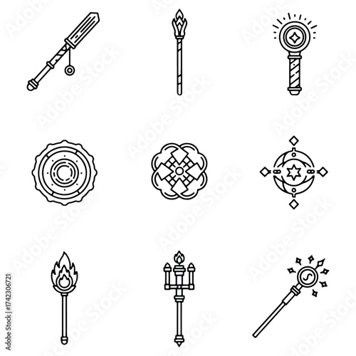 Magical Items and Artifacts Collection Line Art Vector Illustration