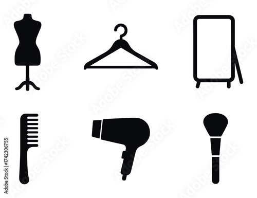 Fashion accessories silhouette collection: mannequin, hanger, mirror, comb, hairdryer, brush