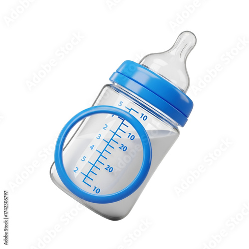 Baby bottle with blue markings and a magnifying glass isolated on transparent background