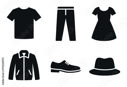 Silhouette fashion icons: t-shirt, pants, dress, jacket, shoes, hat on black background