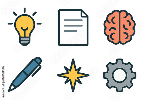 Creative symbols: lightbulb, document, brain, pen, star, gear on dark background