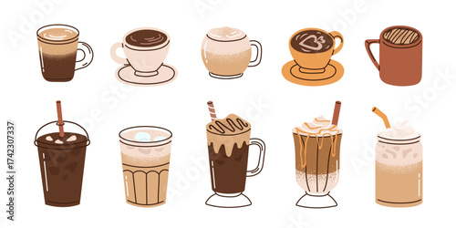 Collection of coffee beverages, featuring variety of hot and iced drinks. Flat cartoon style vector illustration isolated on white background