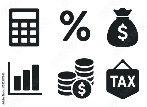 Finance and tax icons: calculator, percentage, money bag, bar graph, coins, tax sign