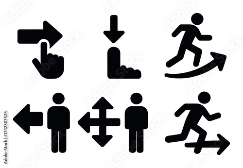 Silhouette arrow and human figures on dark background for direction and movement concepts