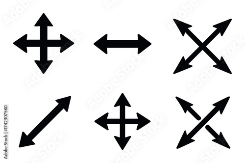 Set of six directional arrow icons: up, down, left, right, diagonal, cross