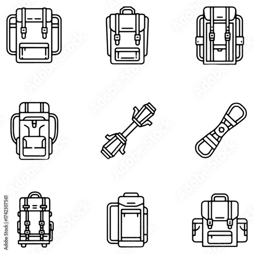 Set of Hiking and Adventure Gear Icons Outdoor Activities Equipment