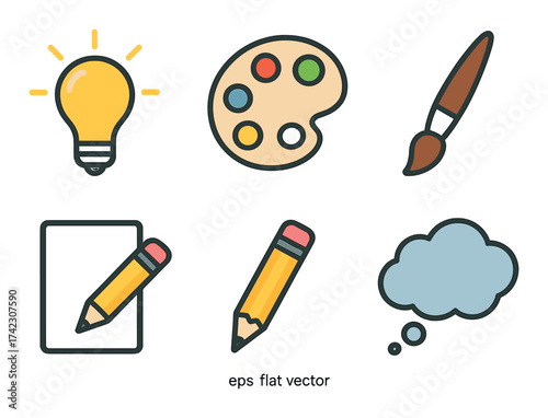 Creative tools icons set featuring light bulb, palette, paintbrush, pencil, paper, and thought bubble
