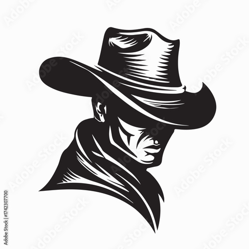 Western Bandit Head Logo in Cowboy Style Vector isolated on white background