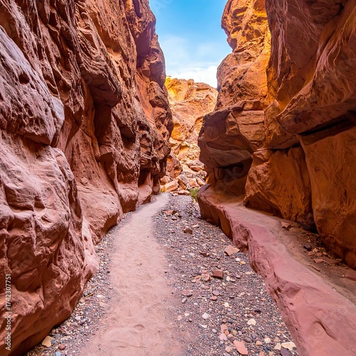 Narrow sandstone canyon with winding path under a bright sky