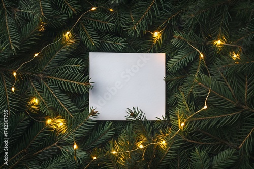 Blank white paper rests on a bed of fresh green fir branches with glowing festive string lights, creating a serene holiday background for text.