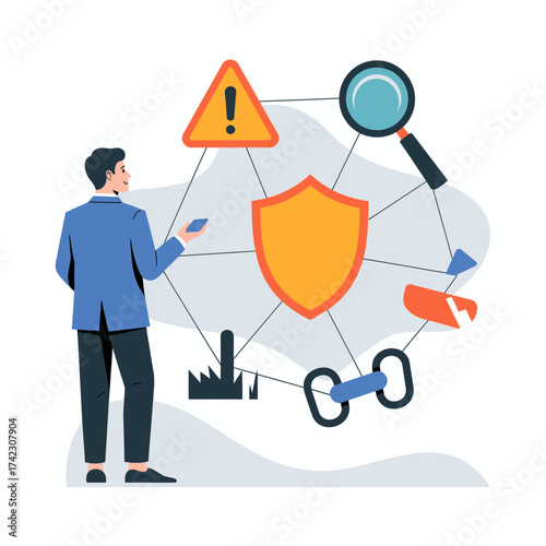 Illustration of man analyzing a network of security threats and solutions, including a shield, magnifying glass, and warning sign
