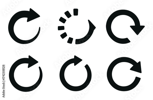Set of six black circular arrow icons on grayscale background
