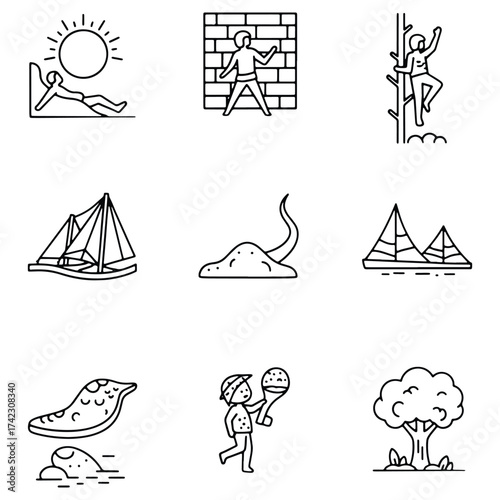 Various Line Art Icons Depicting Leisure Nature and Recreational Activities
