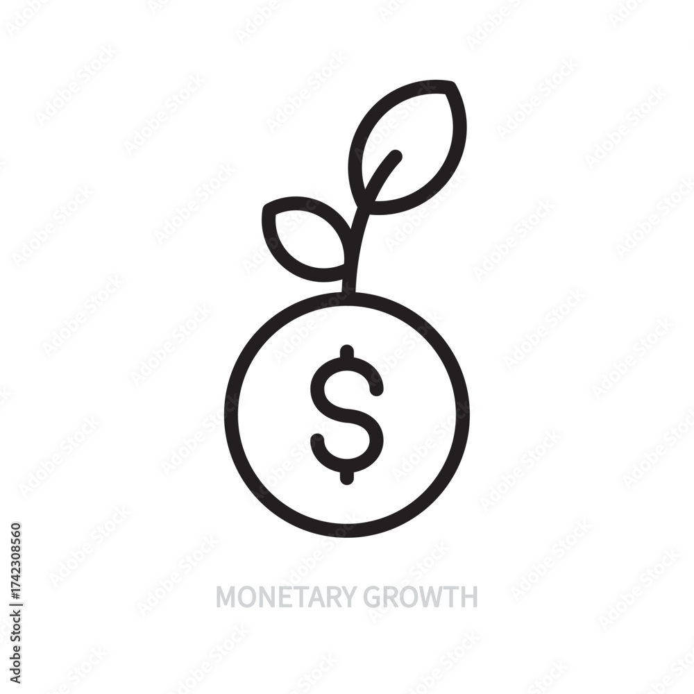 Fototapeta premium Monetary growth line icon. Business, finance concept. Money, dollar sign, plant symbol. Isolated on a white background. Editable stroke. Flat design. Vector illustration.