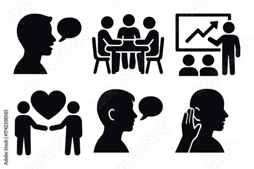 Silhouette communication icons: conversations, meetings, presentations, listening, relationships