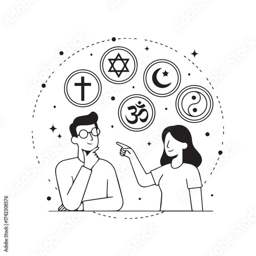Religious Philosophy Abstract Concept Vector Illustration. People choosing belief system with diverse spiritual symbols like Cross, Om, and Yin Yang.
