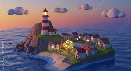 Charming island village with lighthouse at sunset