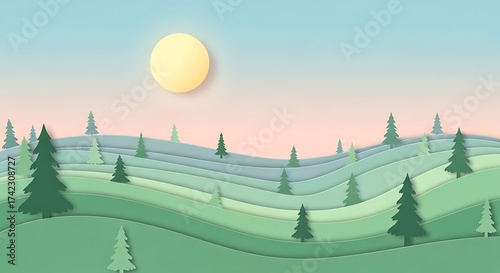 Serene green hills under a softly glowing sun