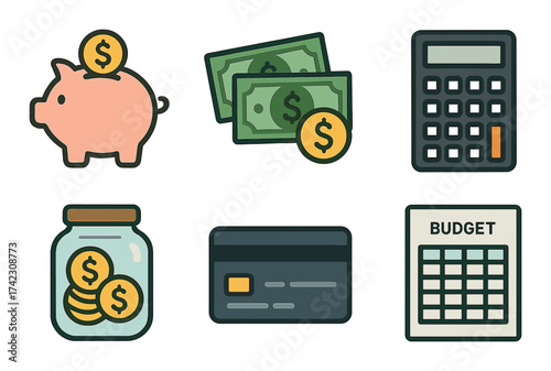 Budgeting essentials: piggy bank, money, calculator, coins, credit card, and budget sheet