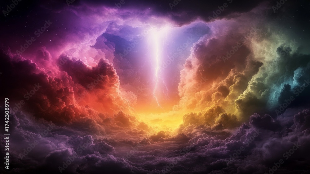 Fototapeta premium Stunning cosmic storm with vibrant rainbow clouds and powerful lightning strike illuminating the ethereal sky, a dramatic celestial spectacle.