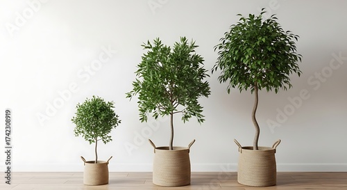 Three potted topiary trees of varying heights indoors
