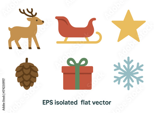 Festive christmas symbols: sleigh, snowflake, reindeer, star, pine cone, gift
