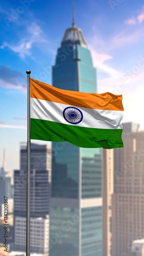 National flag waving high against a skyscraper background under a sunny sky