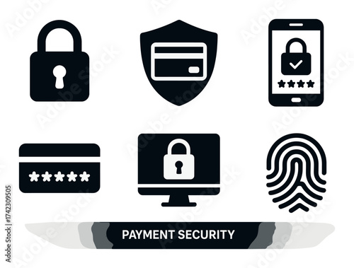 Digital payment security icons: lock, shield, card, mobile, fingerprint, password protection