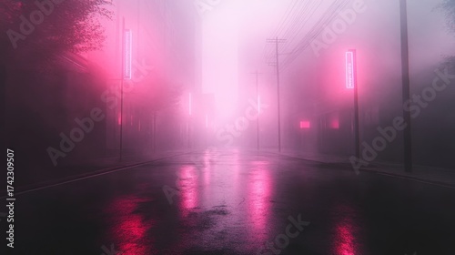 Wallpaper Mural Mysterious neon-lit street shrouded in fog, reflecting vibrant pink light on wet asphalt, creating an urban nocturnal atmosphere. Torontodigital.ca