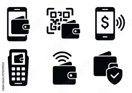 Digital wallet and payment icons: qr code, contactless transactions, mobile security
