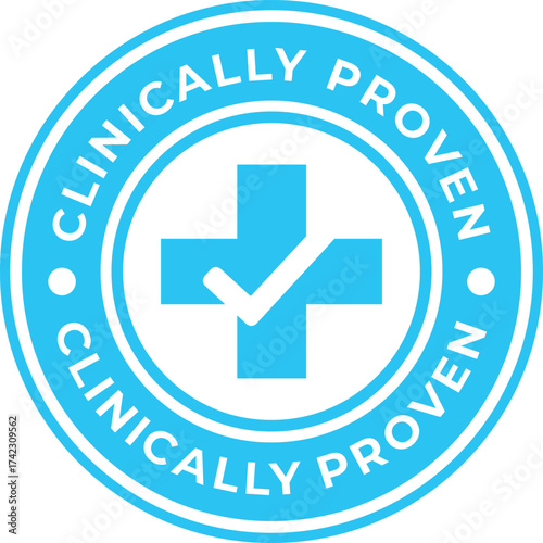 A light blue and white circular seal with the text 'Clinically Proven' surrounding a medical cross with a checkmark.