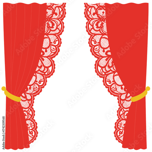 Red stage curtains with lace trim and tiebacks for theater or performance settings