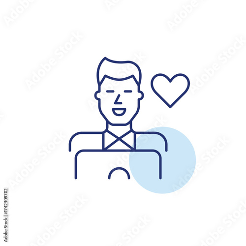 Man working at laptop and heart. Customer support online, trusted remote user care. Pixel perfect, editable stroke vector icon