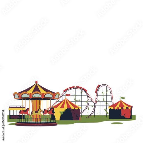 Amusement park ride with carousel, tents, and roller coaster structure