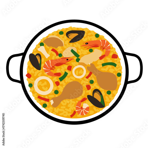 Seafood paella with shrimp mussels and chicken in a pan