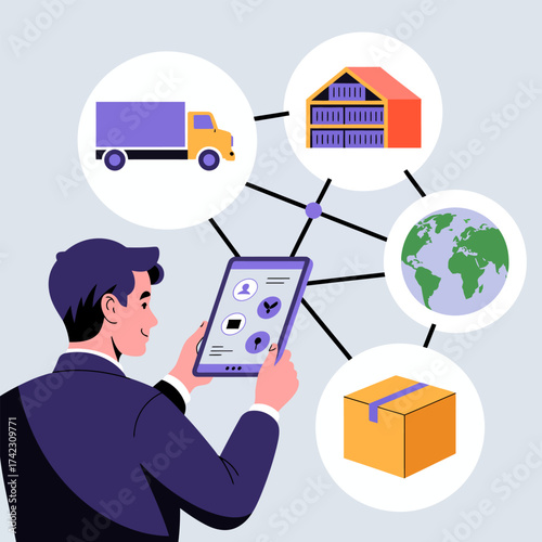 Illustration of a man manages the supply chain with a tablet, overseeing truck transport, warehouse storage, global distribution, and package delivery