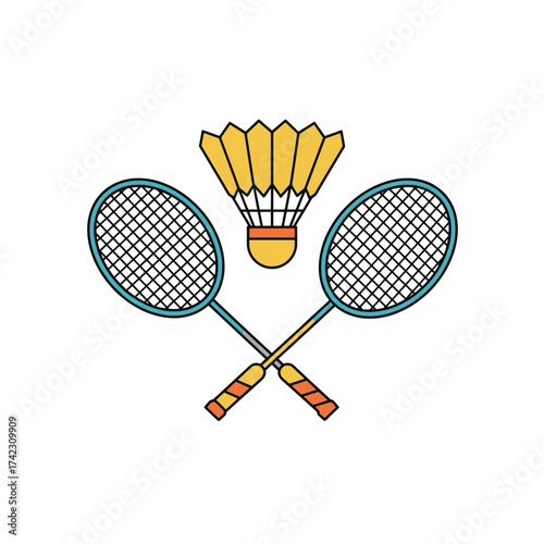 Badminton rackets with shuttlecock on plain white background