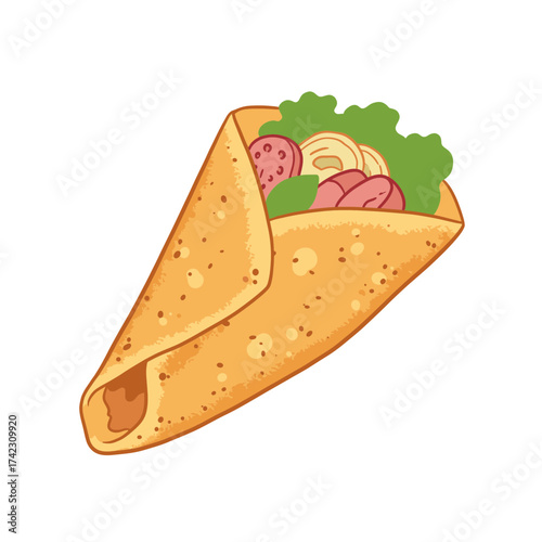 Tasty wrap with vegetables and sliced meat for lunch or snack