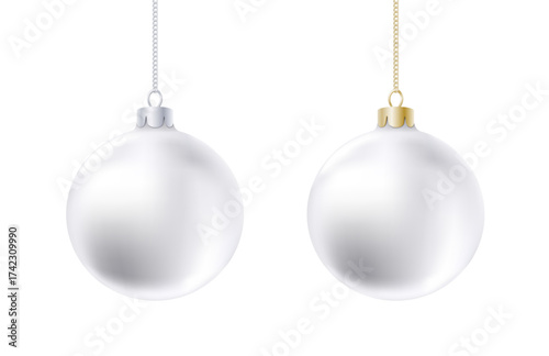 Vector  white Christmas ball isolated on white background. Single clean 3D ball of pure white color hanging on a long chain, realistic New Year ornament.